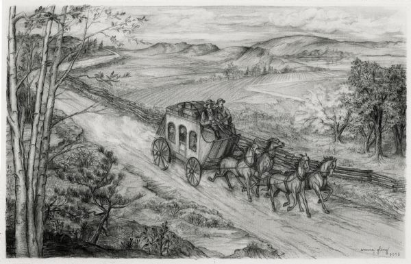 Drawing of a Madison to Prairie du Chien stage coach in 1848. The coach is driven by two men and drawn by four horses as it passes a farm field separated from the road by a split-rail fence.