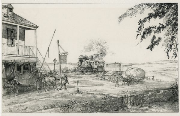 Drawing of a passenger train approaching a small town where two teams of horses on a plank road appear to be startled by the noise of the locomotive. One team of horses pulls a stage coach and the other a wagonload of hay. There is an open toll gate across the road.