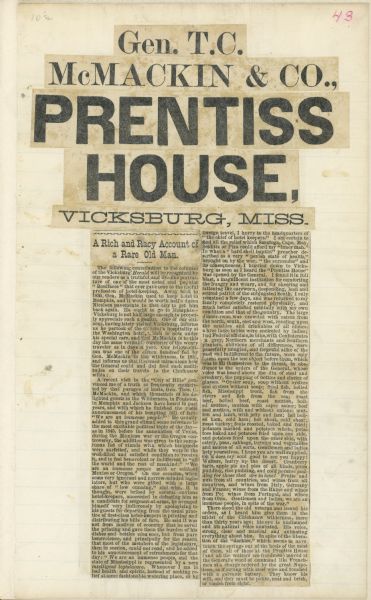The first page of a newspaper article entitled, "Gen. T.C. McMackin & CO. Prentiss House, Vicksburg, Miss.".