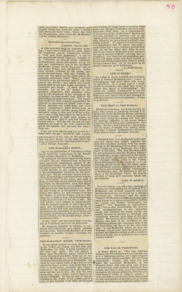 The third page of a newspaper article entitled, "Gen. T.C. McMackin & CO. Prentiss House, Vicksburg, Miss.".