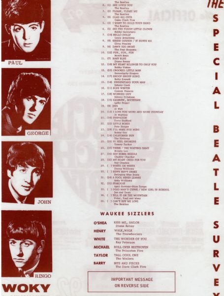 Special Beatle Survey, featuring a list of Beatles songs, as well as portraits along the left side, of George Harrison, George Harrison, John Lennon, and Ringo Starr.
