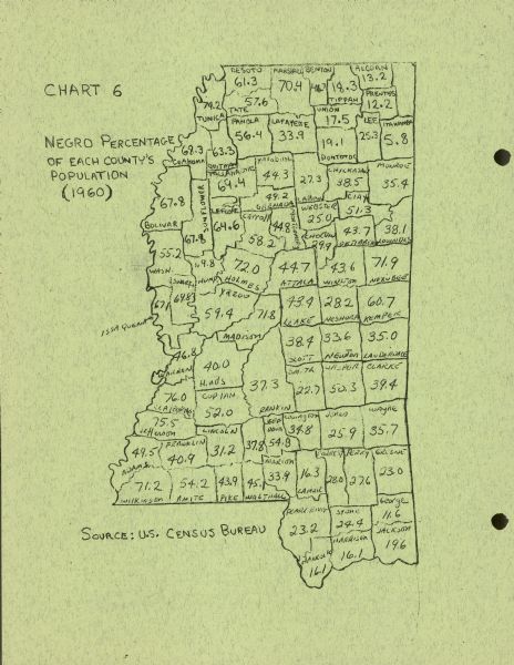 A hand-drawn map showing the "Negro Percentage of Each County's Population" in Mississippi.