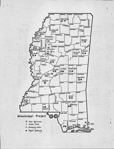 A simple map of the Mississippi Project. There are symbols at the bottom marking locations for: Voter Registration, Freedom School, Community Center and Project Continuing.