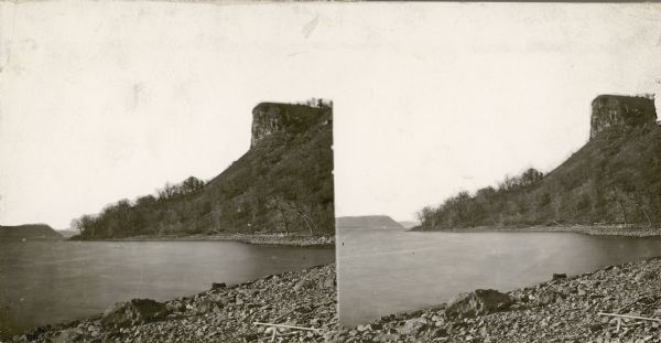A stereoscopic view from the shore of Maiden Rock in Lake Pepin.