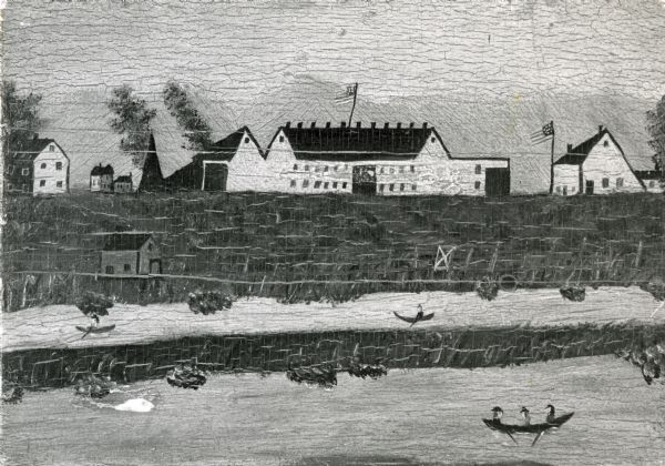 Painting of Fort Crawford on the panel of an oak door.