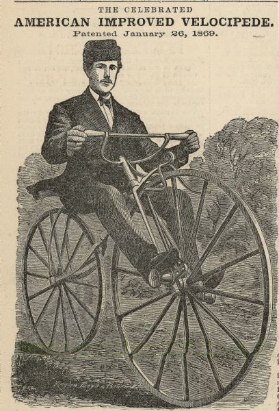 Engraved image of a man riding an American Improved Velocipede.