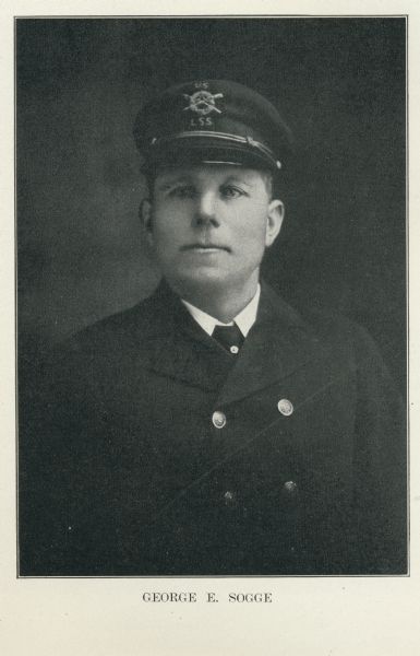 Waist-up portrait of Captain George Sogge of the Two Rivers Life Saving Station in uniform. His cap bears a U.S. Life Saving Service insignia.