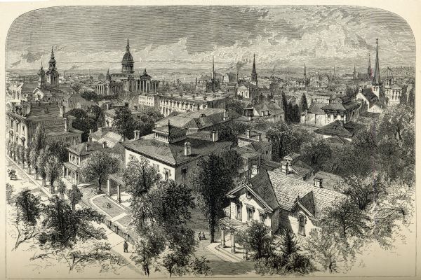 Engraved elevated view of Milwaukee.