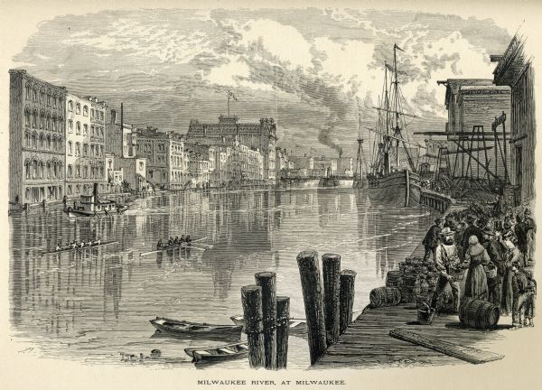 Engraved view of the Milwaukee River.