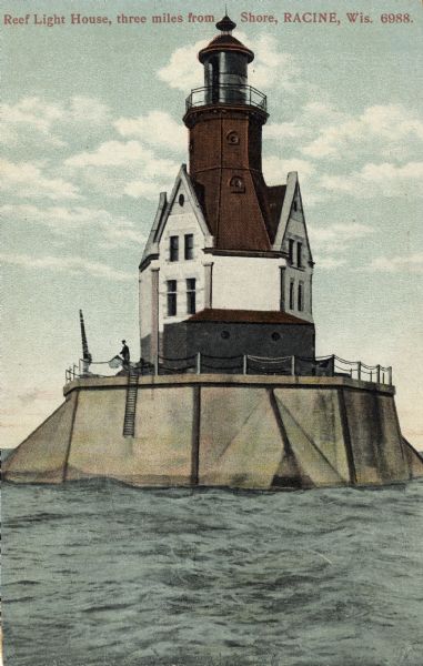 Hand-colored postcard view of the Reef Lighthouse in Lake Michigan off the shore of Racine. A person is standing to the left of the lighthouse. Caption reads: "Reef Light House, three miles from Shore, Racine, Wis."
