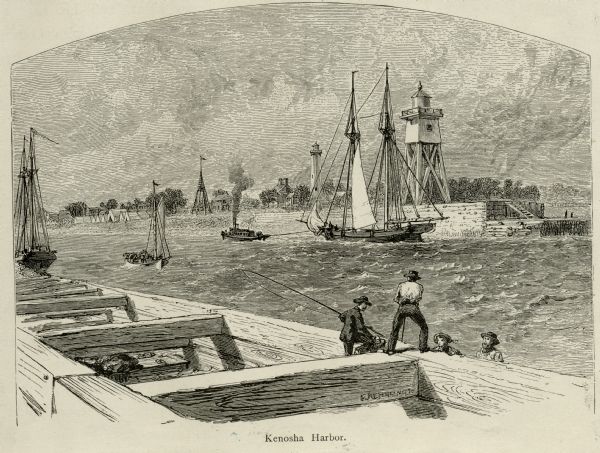 Engraved view of Kenosha harbor. A group of men fish from a pier in the foreground while several boats float through the harbor. A tug is pulling a large sailing ship. A harbor light and a lighthouse are across the water. Several tents are along the shoreline.