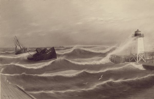 Photograph of a painting by May Conniff Frost showing the tugboat <i>Record</i> of the Inman Line pulling a lake schooner through rough waters into Superior. The harbor lighthouse is on the right. Two seagulls fly low over the waves. Another ship is in the far background on the horizon.