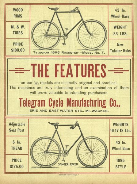 Advertisement for the 1895 model of the Telegram Sanger Racer by the Telegram Cycle Manufacturing Company of Milwaukee. Features a drawing of the 1895 model.