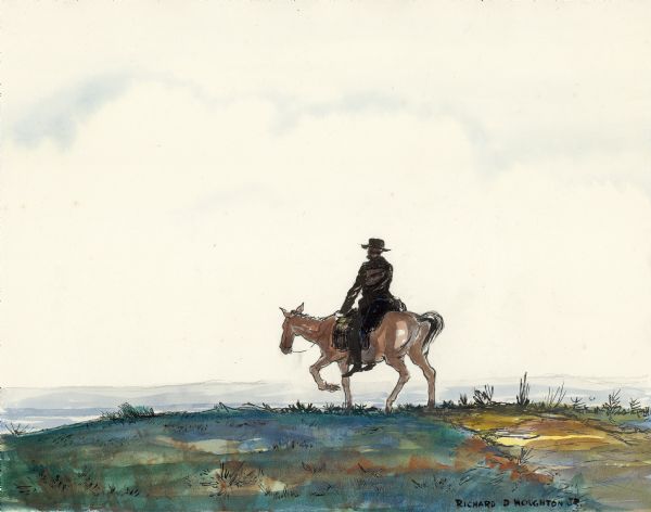 Watercolor painting depicting Lyman C. Draper, first Secretary of the State Historical Society of Wisconsin, riding a horse on a trip to collect historical manuscripts.