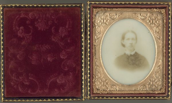 Sixth plate opalotype portrait of Charlotte Newcomb, facing forward and very slightly to the right.