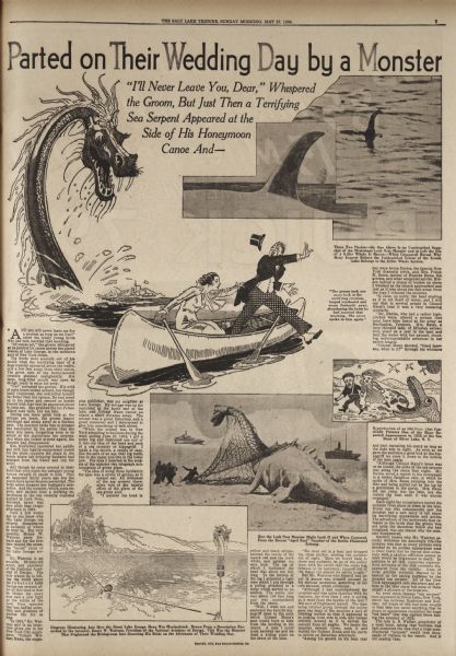 A sensational newspaper article about a newlywed couple encountering a sea serpent which resembles the Loch Ness monster.