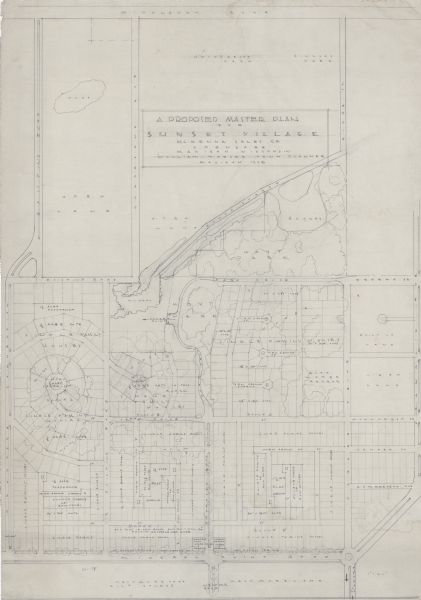 Architectural drawing of the Sunset Village neighborhood on the West side of the city of Madison. The poster description reads: A proposed master plan for Sunset Village, McKenna Sales Co., sponsors, Madison, Wisconsin, William Kaeser town planner, Madison 1938.