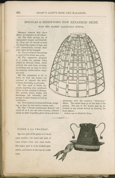 An illustration in "Godey's Lady's Book" of a steel expansion skirt.