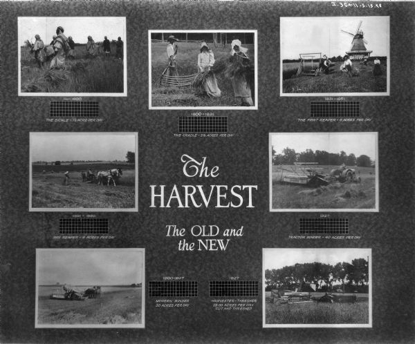 Poster or display board illustrating the differences between "old" and "new" methods of harvesting grain. Includes images illustrating harvesting methods between 1800 and 1927. The images are described as follows: 1) 1800: the Sickle - half acre per day. 2) 1800-1831: the Cradle - two and a half acres per day. 3) 1831-1851: the first Reaper - 6 acres per day. 4) 1851-1880: 1851 Reaper - 6 acres per day. 5) 1880-1927: Modern Binder - 20 acres per day. 6) 1927: Tractor Binder - 40 acres per day. 7) 1927: Harvester-Thresher - 25-35 acres per day, cut and threshed.