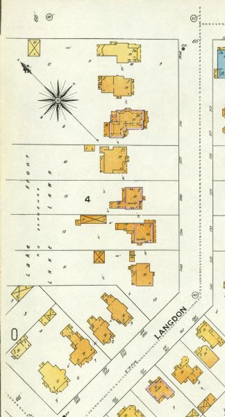 A detail of a Sanborn map including Lake Front and Lake Lawn areas by Langdon Street.