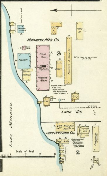 A detail of a Sanborn map showing the lake Mendota shore area, including Madison Manufacturing Company.