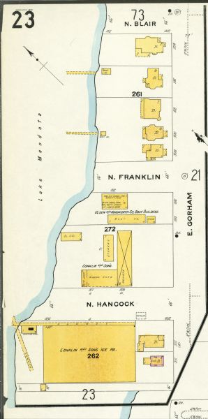 A detail of a Sanborn map showing the area around North Franklin, North Blair and North Hancock Streets.