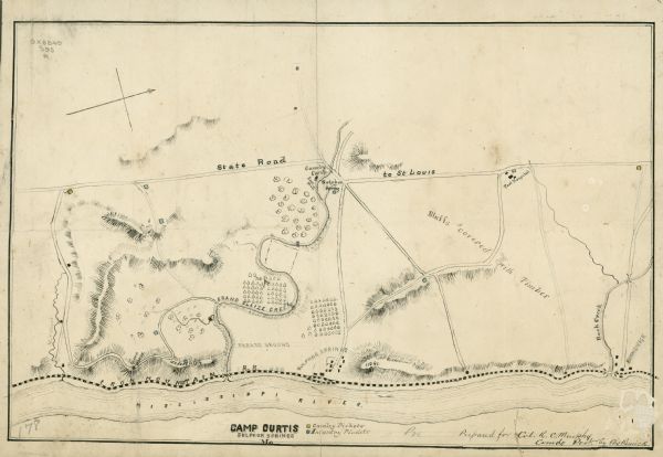 A hand-drawn map of Camp Curtis which was prepared for Colonel R. McMurphy.