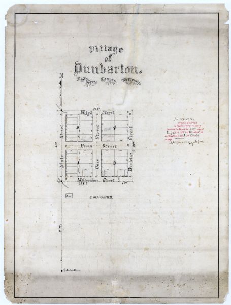 Plat map of the village of Dunbarton, received by the Lafayette County Register's Office on September 22, 1892. Certification by the surveyor, Albert Pool, on the back of this map dates it to 1882.
