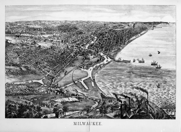Bird's-eye view of Milwaukee from the south lakeshore.
