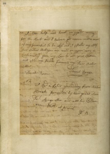 The second page of a letter written by Daniel Boone to his sister.