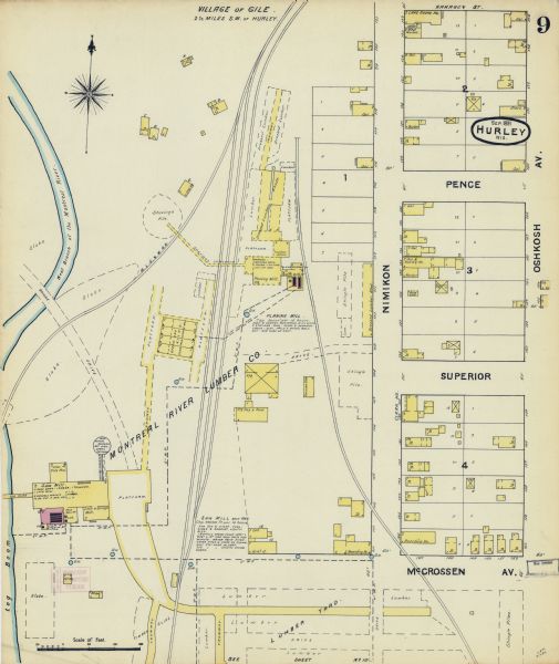 Sanborn map of Hurley, featuring the Village of Gile and the Montreal River Lumber Company.