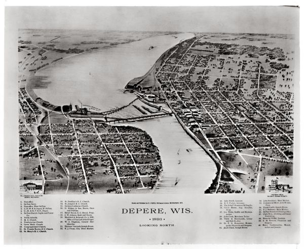 Bird’s-eye view of Depere looking North. Includes illustrations and an index to points of interest.