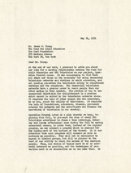 The first of three pages of a letter written by Sylvester "Pat" Weaver to James W. Young.