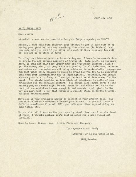 A letter written by Sylvester "Pat" Weaver to Jerry Lewis regarding "that blasted telethon...".