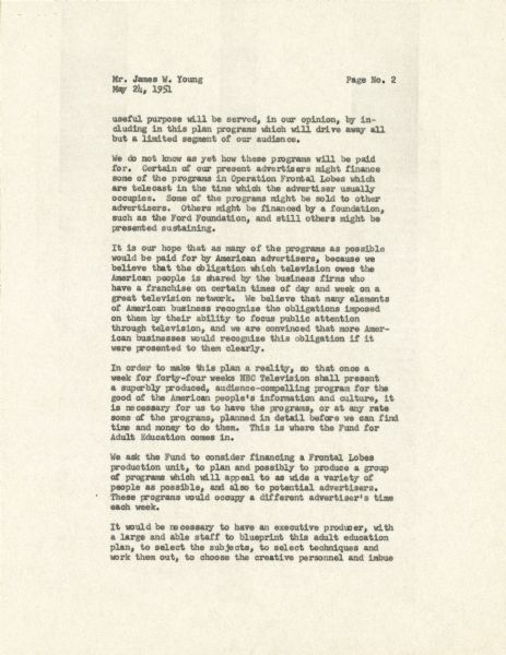 The second page of a three page letter written by Sylvester "Pat" Weaver to James W. Young.