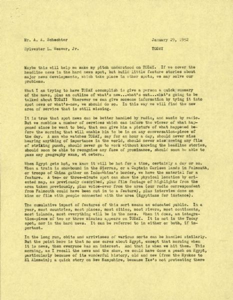 The first page of a letter written to A.A. Schecter by Sylvester "Pat" Weaver.