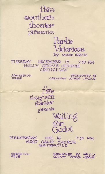 A flyer advertising Free Southern Theater show "Purlie Victorious" by Ossie Davis, and "Waiting For Godot."