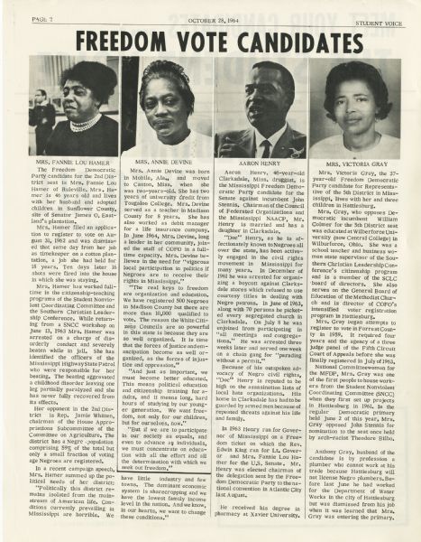Four small black-and-white portraits of the Mississippi Freedom Democratic Party candidates: Fannie Lou Hamer, Annie Devine, Aaron Henry, and Victoria Gray. Beneath each photograph are several paragraphs of text describing the candidate and his or her position on important topics. This originally appeared in <i>The Student Voice</i>.