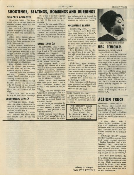 Page 4 of <i>The Student Voice</i> featuring the title "Shootings, Beatings, Bombings and Burnings," and a photograph of Fannie Lou Hamer.