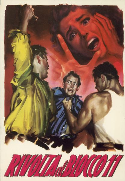 A color program for the film "Riot in Cell Block 11" in Italian (Rivolta al Blocco 11). The cover shows two men attacking another man. An oversized image of a woman's anguished face is in the background at the top right; she appears to be reaching out to the man.