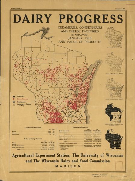 Map illlustrates creameries, condenseries and cheese factories in Wisconsin, January, 1918, and value of products. Five smaller maps in margin show changes in production and in number of factories, 1909-1918. Scale 1:1.956,400.