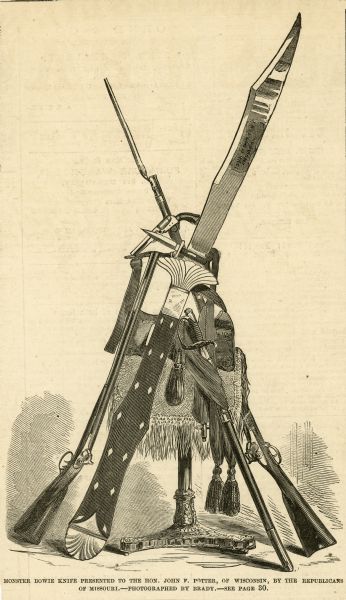 An illustration of the enormous bowie knife that was presented to John F. Potter.