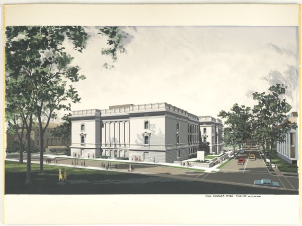 Watercolor painting of the State Historical Society headquarters building by Paul Duesler. This painting is associated with the 1967 building addition plans by the architectural firm Siberz, Purcell, and Cuthbert. This view is from Bascom Hill and includes the Memorial Union, the Humanities Building, and State Street.