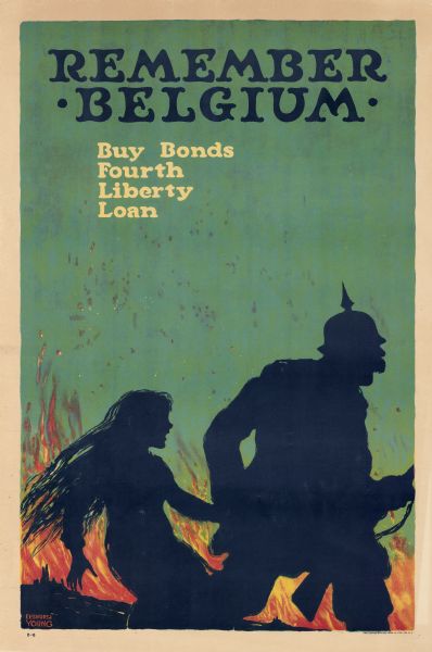 United States government bonds poster in the Fourth Liberty Loan "B" series. Depicts in silhouette a German soldier running and dragging a girl against a background of flames.