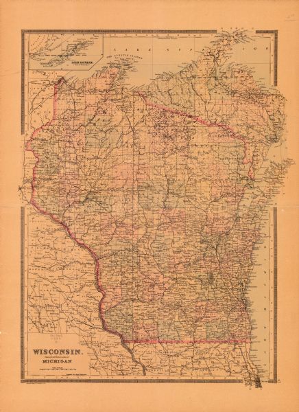 Map of Wisconsin showing Michigan's upper peninsula, the northern portion of Illinois and part of eastern Minnesota. There is an inset map of Isle Royale in the upper right corner.
