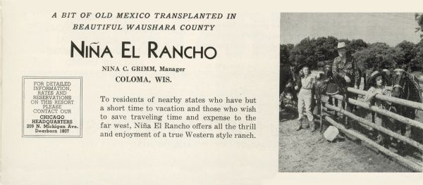 An advertisement for El Nina Rancho, "a bit of old Mexico transplanted in beautiful Waushara County." The ad includes a photograph of people in riding clothing posing with horses.
