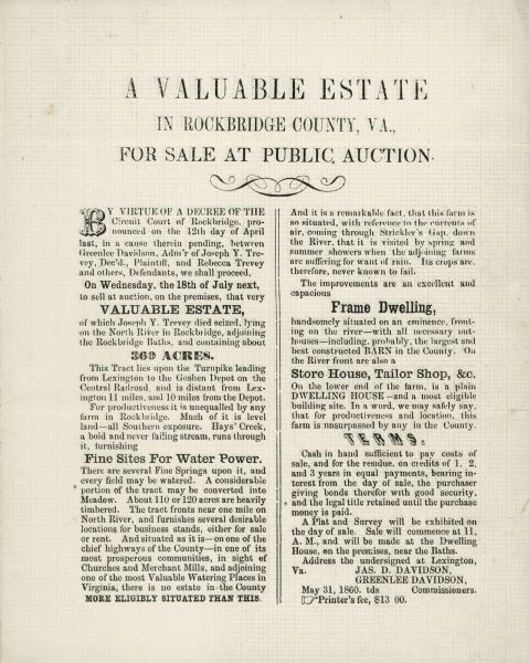 A broadside titled, "A Valuable Estate In Rockbridge County, VA., For Sale At Public Auction," regarding the sale of Joseph Trevey's estate.