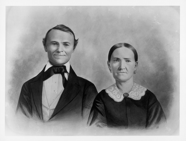 Wash drawing of Mr. and Mrs. Frederick Hollman, who were early settlers in Platteville, Wisconsin.