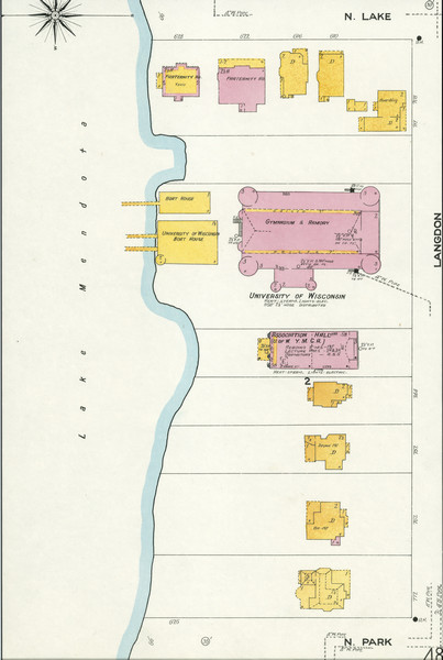 A detail of a Madison Sanborn map that includes the University of Wisconsin Boat House, UW Gymnasium & Armory (The Red Gym), fraternity houses, and the YMCA along Langdon Street.