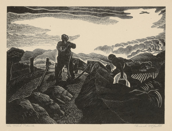 Engraved print depicting two people harvesting grain along a fence line in a field. One person holds a scythe while the other carries a bucket, possibly the farmer's wife bringing lunch out to the field. A horse and wagon are behind the farmer in the center, and farm buildings are in the background on the right. An airplane flies over the farm in the upper right corner near clouds.